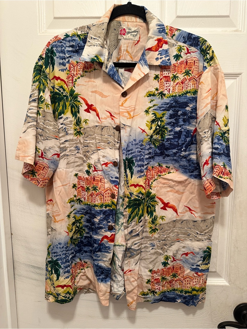 Men's Lightweight Tropical Print Shirt in Peach & Blue Hawaiian Original M